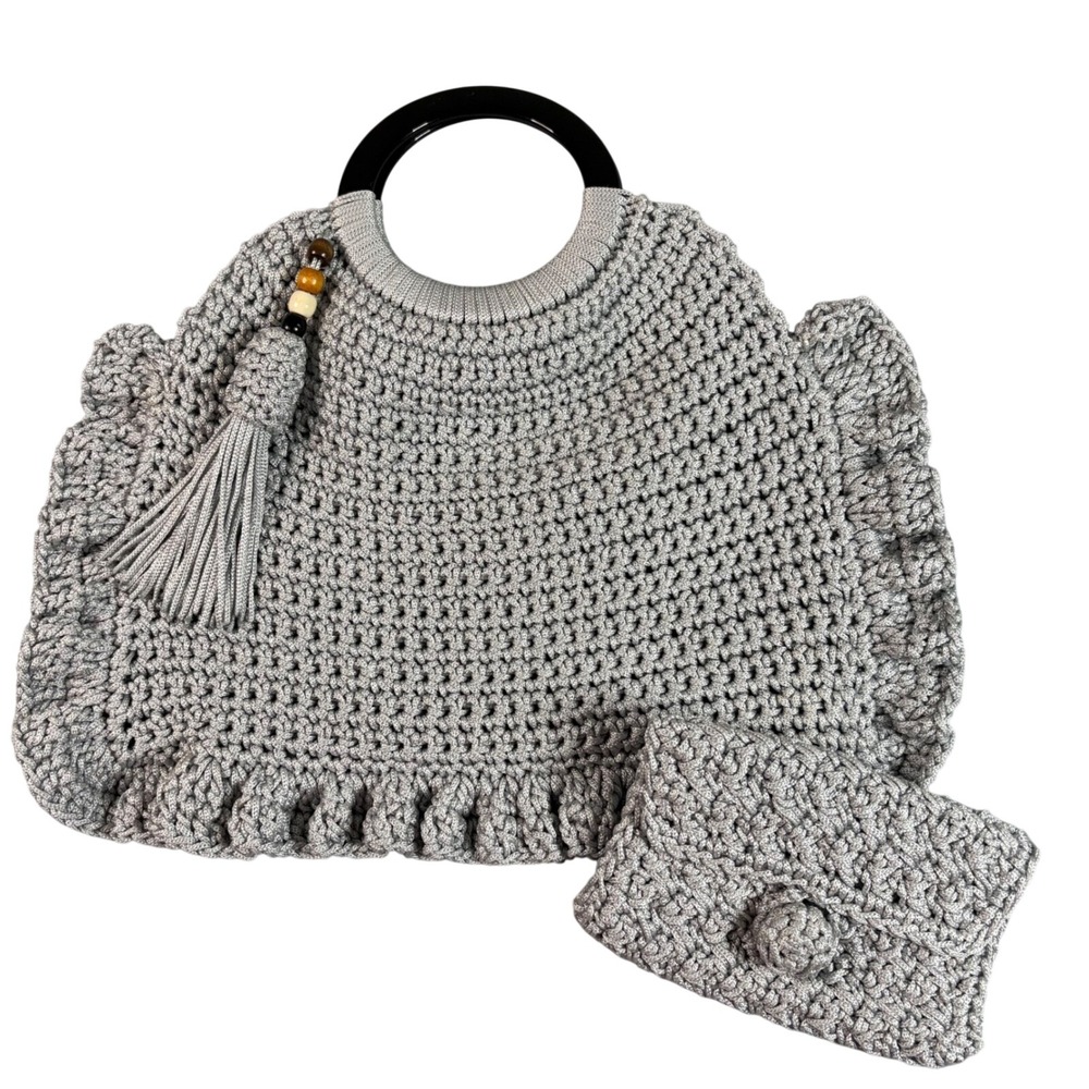 Handmade Silver Crochet Ruffle Handbag Tassel Wood Bead Boho Purse Set Grey